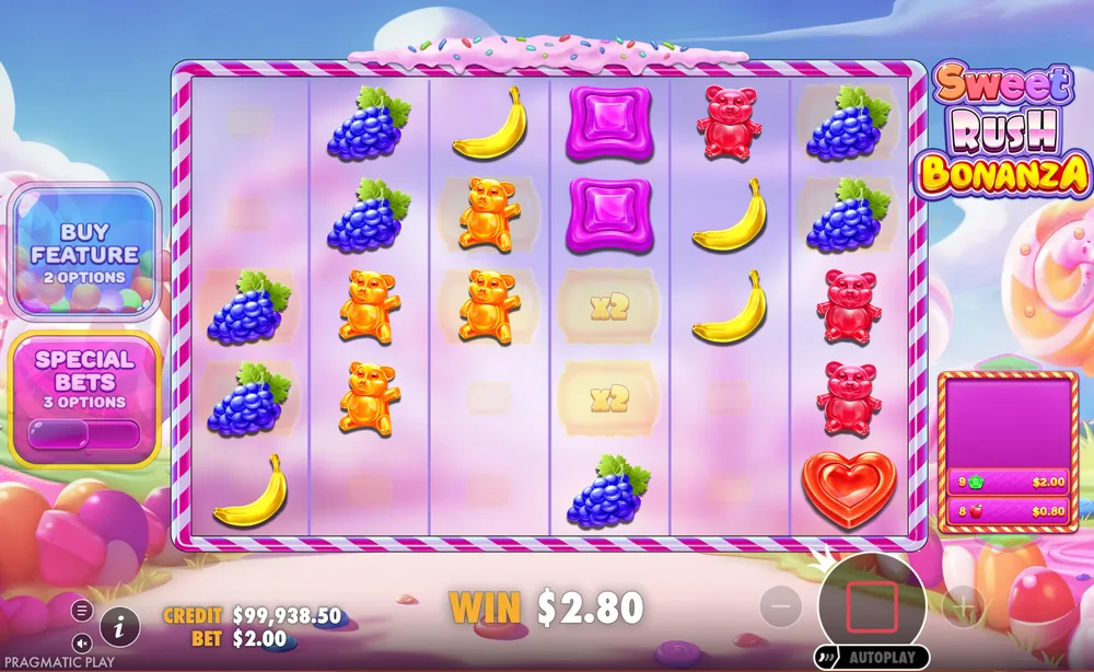 Cascata no Sweet Rush Bonanza com posições marcadas e dois multiplicadores x2 na grade