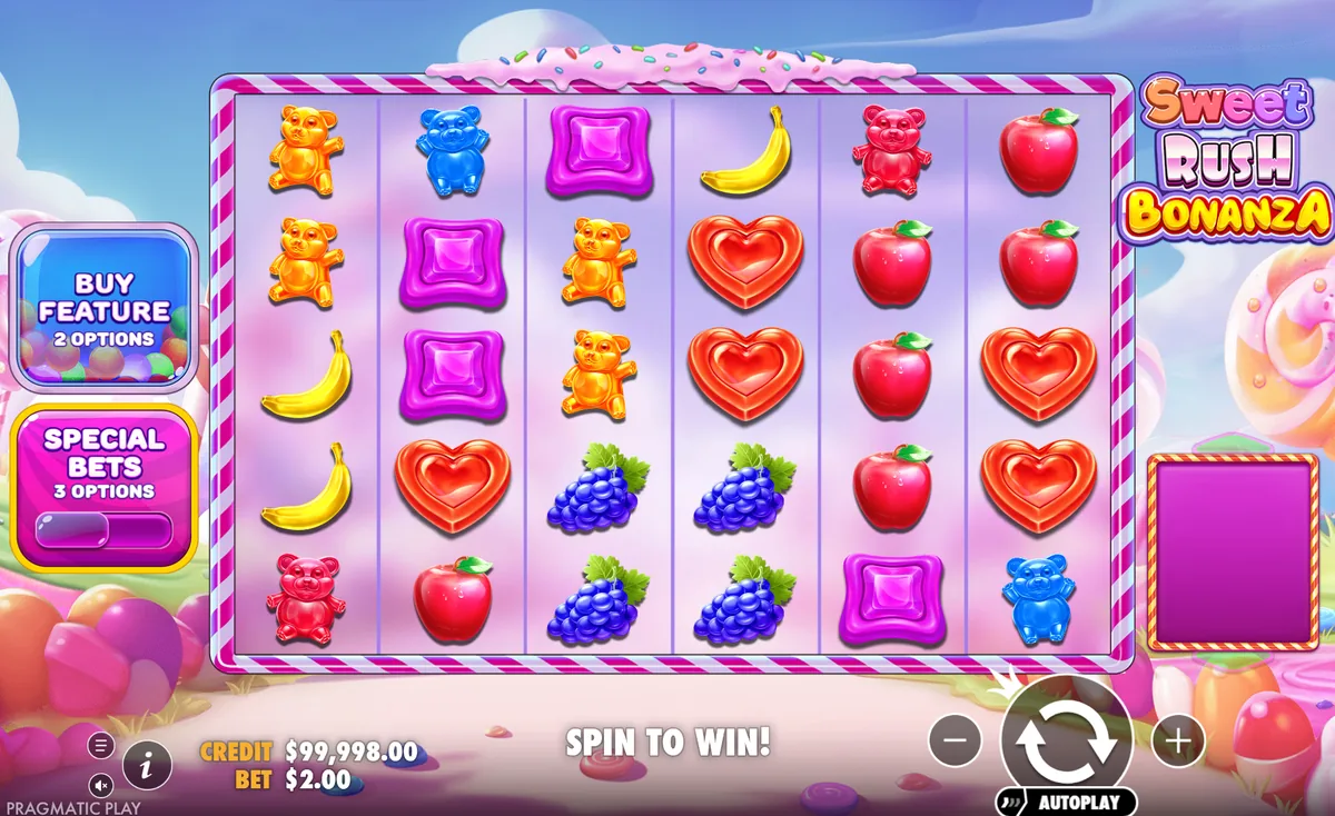 Tela do jogo Sweet Rush Bonanza com a grade 6x5 de doces, ursos de goma e frutas