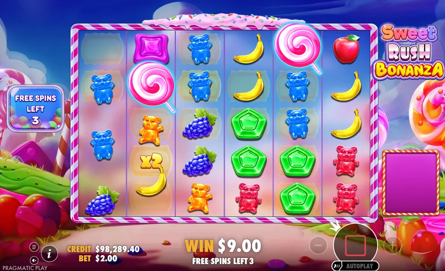 Rodada grátis do Sweet Rush Bonanza com dois símbolos Scatter de pirulito nos rolos