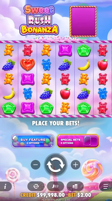 Sweet Rush Bonanza no celular em modo retrato com a grade 6x5 e os controles de aposta