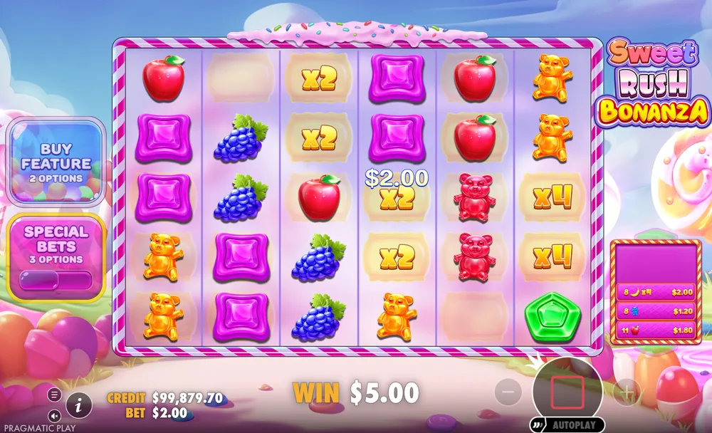 Grade do Sweet Rush Bonanza com posições de multiplicador x2 e x4 ativas no jogo base