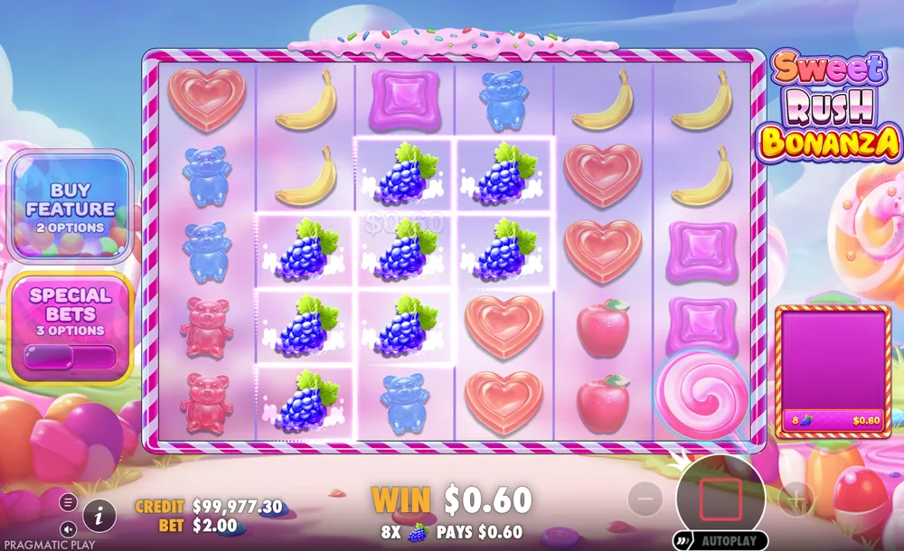 Jogo base do Sweet Rush Bonanza com oito cachos de uva pagando na grade 6x5
